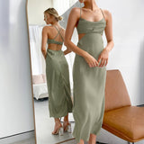 Satin Dress Summer Solid Color Strap Dress Women's Dress Sexy Hollow-out Backless Long Dress