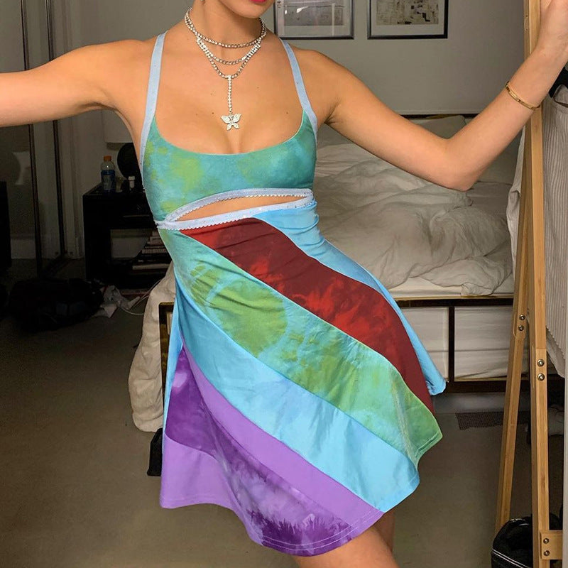 Women Rave Outfits Tops Summer Women's Color Matching Printed Halter Cut-out Sexy