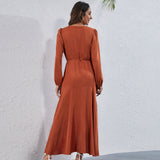 Burnt Orange Dress Autumn V-neck High Waist One Piece Fashion Irregular Dress