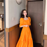 Burnt Orange Dress Summer Puff Sleeve Waist-Slimming Long Dress Women