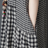 Gingham Dress Summer Artistic Loose Plaid Cotton and Linen Mid-Length round Neck Short Sleeve Dress