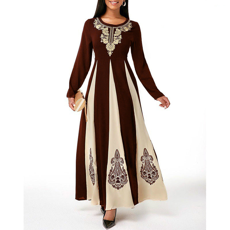 1920S Dress Autumn and Winter Printing round Neck Patchwork Long Dress Vintage Dress