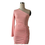 Summer Wedding Guest Dresses Women's Pure Color Tight Long Sleeve Sexy Pleated Dress