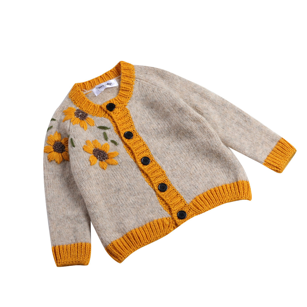 Girl Cardigan Sweaters Round Neck Brown Solid Color Embroidered Slim Fit Single Breasted Cardigan Sweater
