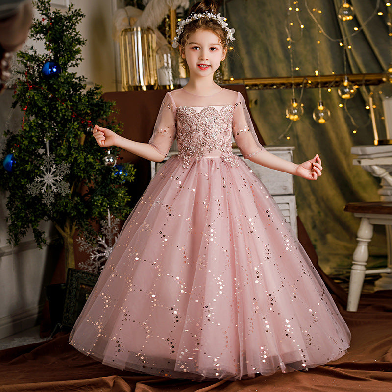 Princess Charlotte Flower Girl Dress Princess Pink  Dress Costume for Piano Performance Host