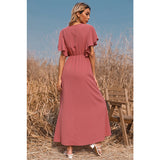Mauve Dress Summer Short Sleeve Dress Solid Color And V-Neck Dress