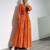 Burnt Orange Dress Summer Solid Color National Style Retro Dress V-neck Lace-up Long Sleeve Fashion Long Skirt