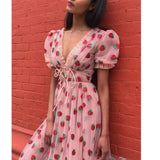 Pink  Strawberry Dress Cottagecore Midi Dress Prom Dress Aesthetic Fairycore Dress