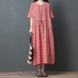 Gingham Dress Summer Artistic Loose Plaid Cotton and Linen Mid-Length round Neck Short Sleeve Dress