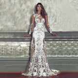 See through Wedding Dress Long Sleeve Sheer Mesh Embroidered Wedding Dress