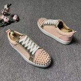 Louboutin-style red bottom shoes, pink gold-rimmed studded sneakers for men, cl red sole casual shoes, low-top lace-up trendy versatile athletic shoes