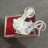 Louboutin-style red bottom shoes cl red bottom high heels flats one-piece buckle sandals ivory white silk satin bridal white flower sandals for women