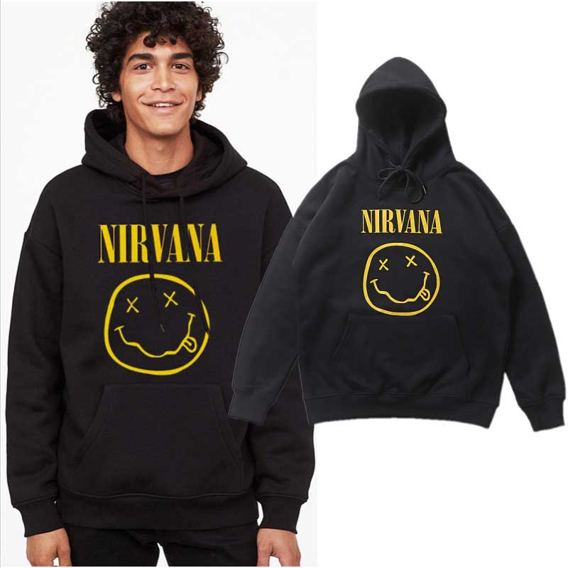 Nirvana Hoodie Vintage Smiley Face Print Loose Couple Leisure Sports Fleece-Lined