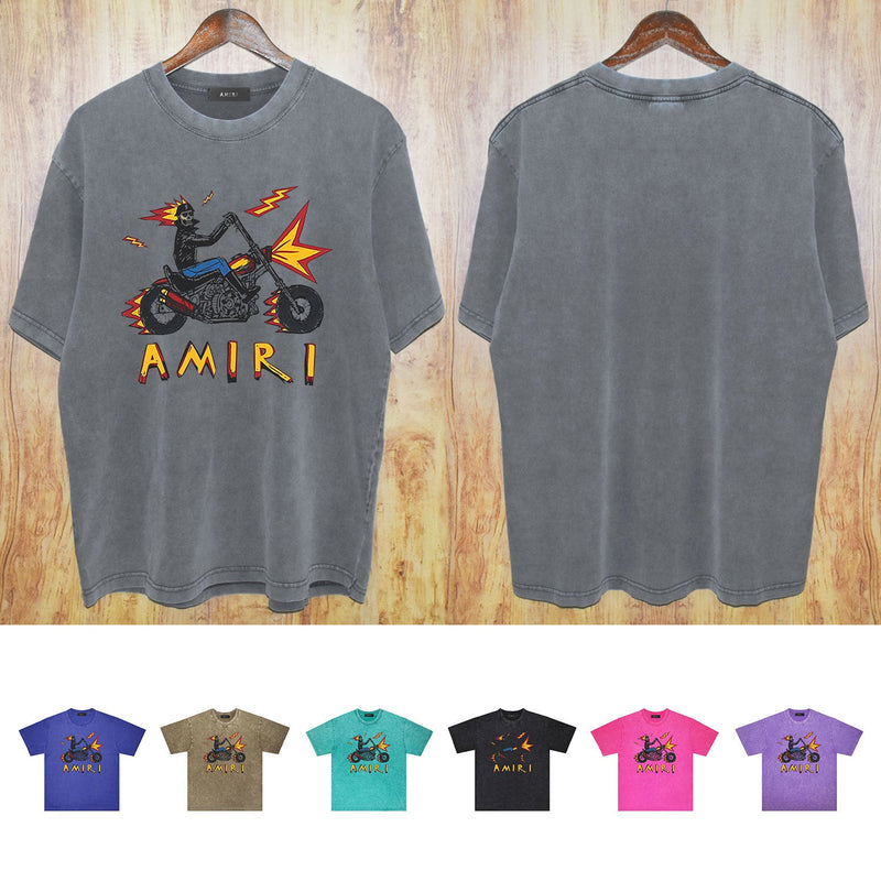 Amiri washed t-shirt motorcycle skull printing short sleeves