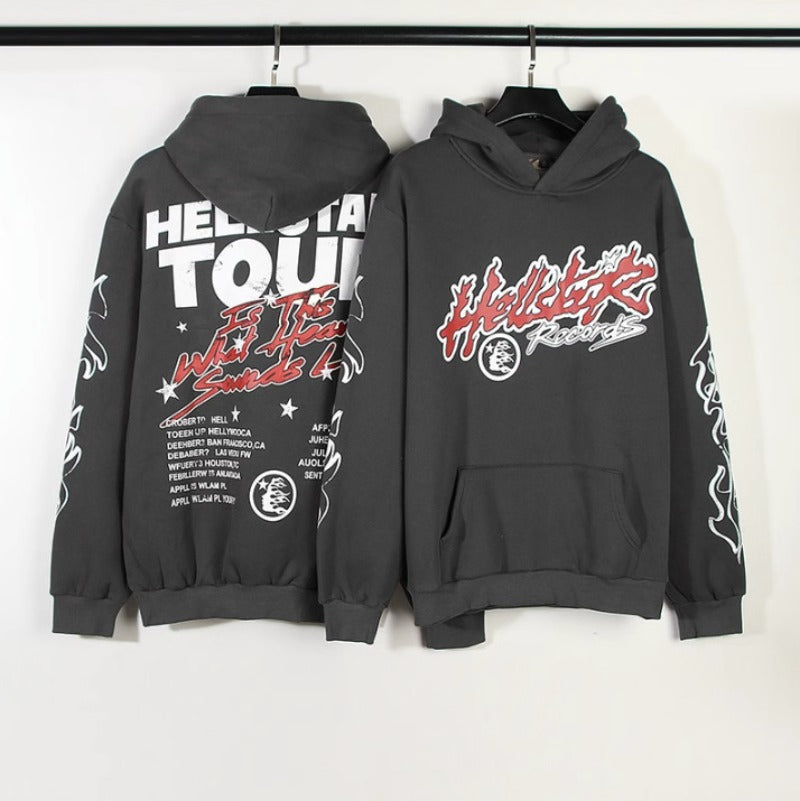 HS Hoodie Vintage Distressed Flame Graffiti Printing Velvet Padded Loose Casual