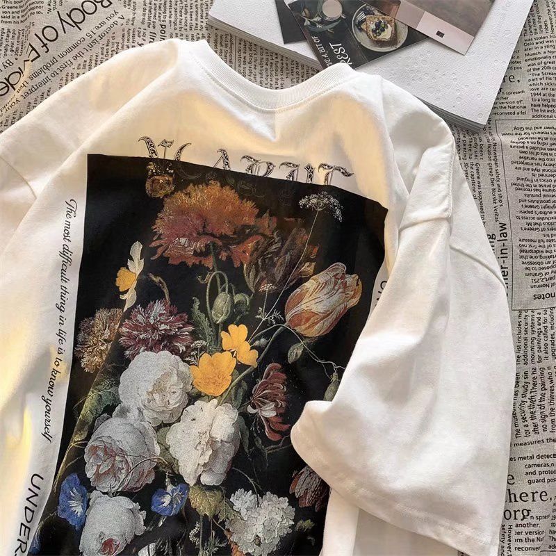 Caravaggio T-Shirts Flower Oil Painting Short Sleeve Men and Women Street Loose plus Size