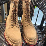 Louboutin-style red bottom shoes clworkwear short tube tie backbootsthick sole hidden heelcasualeasiest for matchsuede red bottom men's boots