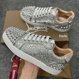 Louboutin-style red bottom shoes, silver leopard print, cl rivet red sole sneakers, trendy sneakers, versatile casual shoes, student light luxury preppy style
