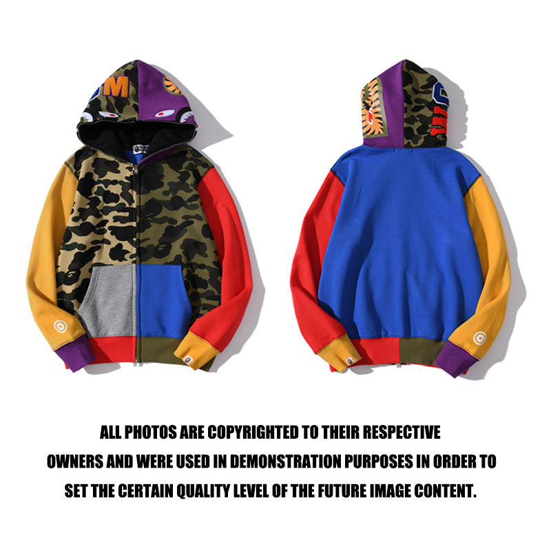 Shark Print Jacket Autumn And Winter Stitching Hooded Cardigan Zipper Sweater Coat