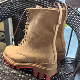 Louboutin-style red bottom shoes clworkwear short tube tie backbootsthick sole hidden heelcasualeasiest for matchsuede red bottom men's boots
