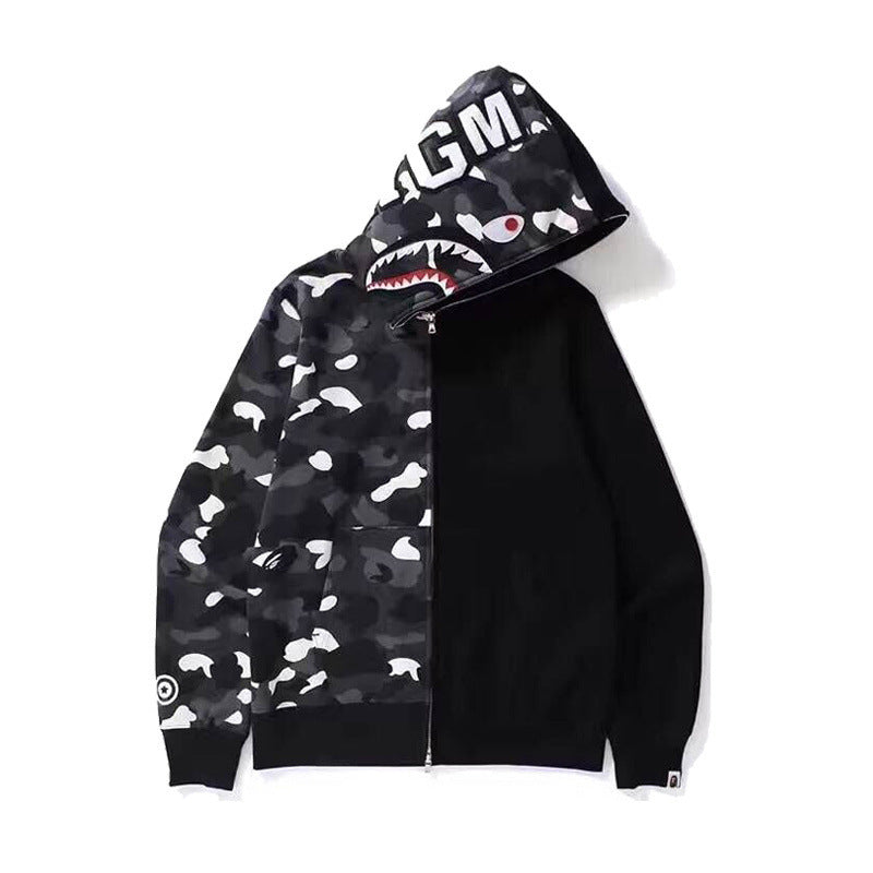 Shark Print Hoodie Camouflage Stitching Sweatshirt Luminous Hooded Zipper Fleece Jacket