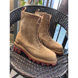 Louboutin-style red bottom shoes clworkwear short tube tie backbootsthick sole hidden heelcasualeasiest for matchsuede red bottom men's boots