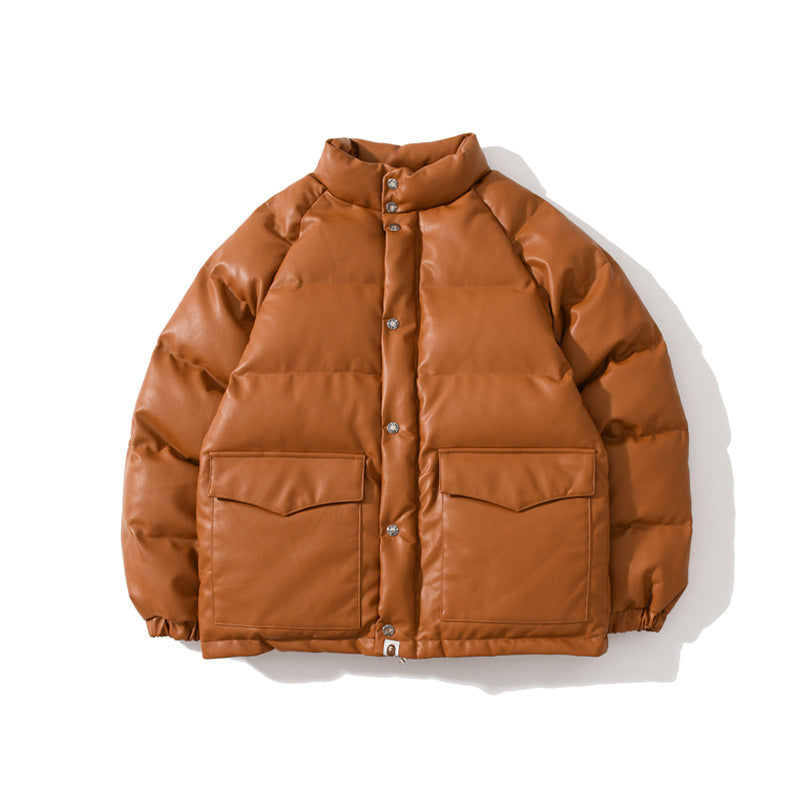 Shark Print Coat Autumn And Winter Takuya Kimura Same Style Classic Brown Leather Thickened Cotton-Padded Coat Clothing