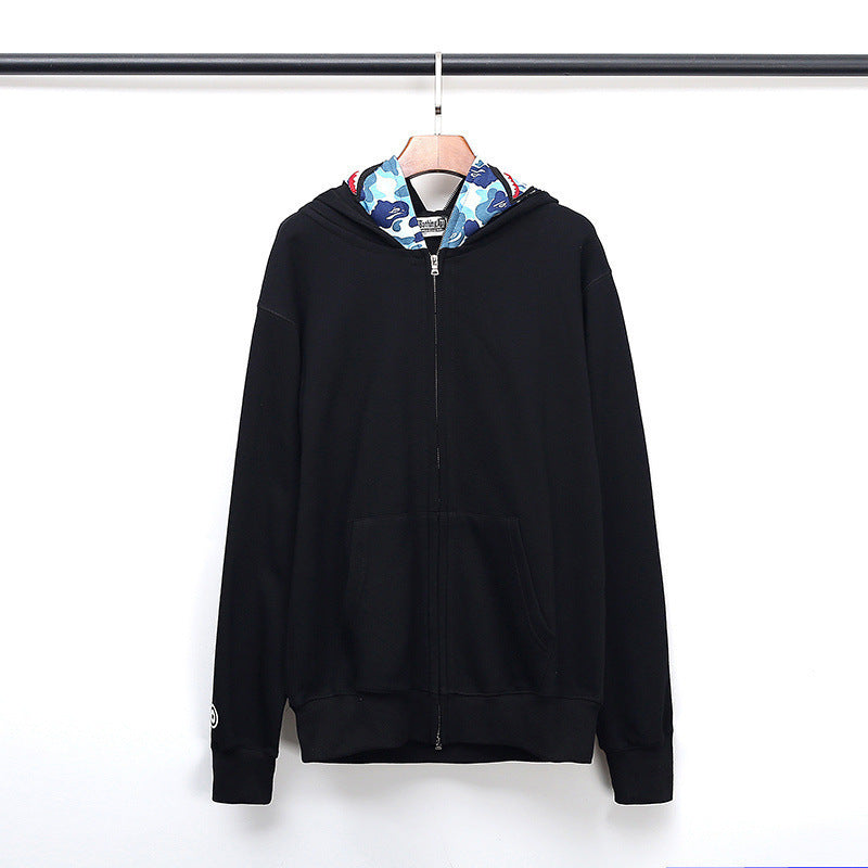 Shark Print Hoodie Fall/Winter Double Hood Camouflage Shark Head Zipper Fleece Padded Coat Sweatshirt