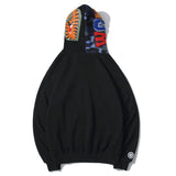Shark Print Hoodie Shark Embroidery Camouflage Stitching Hat Zipper Fleece Padded Coat Teen Student