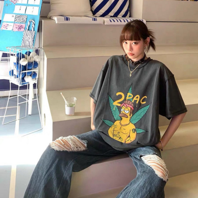 Men Vintage T-Shirts vintage Loose T-Shirt Simpsons Washed Old Short Sleeves