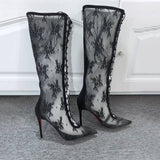 Louboutin-style red bottom shoes clsexy mesh pointed toe cut out long women's boots stiletto black elegance hot diamond sexy strap lace pattern