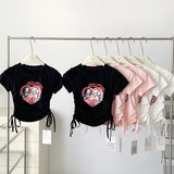 Vintage Y2g Shirts Drawstring Slim Waist Short Sleeve T-shirt for Women