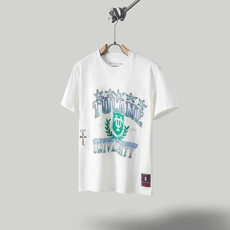 Travis Scott T Shirts x Mitchell x Ness Tulane Green Wave Hand-Drawn Short Sleeve