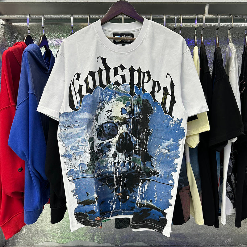 Godspeed T Shirts Skull Landscape Printing Cotton Casual Short Sleeves Men and Women