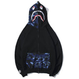 Shark Print Hoodie Autumn And Winter Stitching Pocket Zipper Fleece Padded Coat Men And Women Couple
