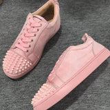 Louboutin-style red bottom shoes are specially designed for pink red bottom shoes couple style low anklecl suede sneakers spikes and rivets trendy shoes