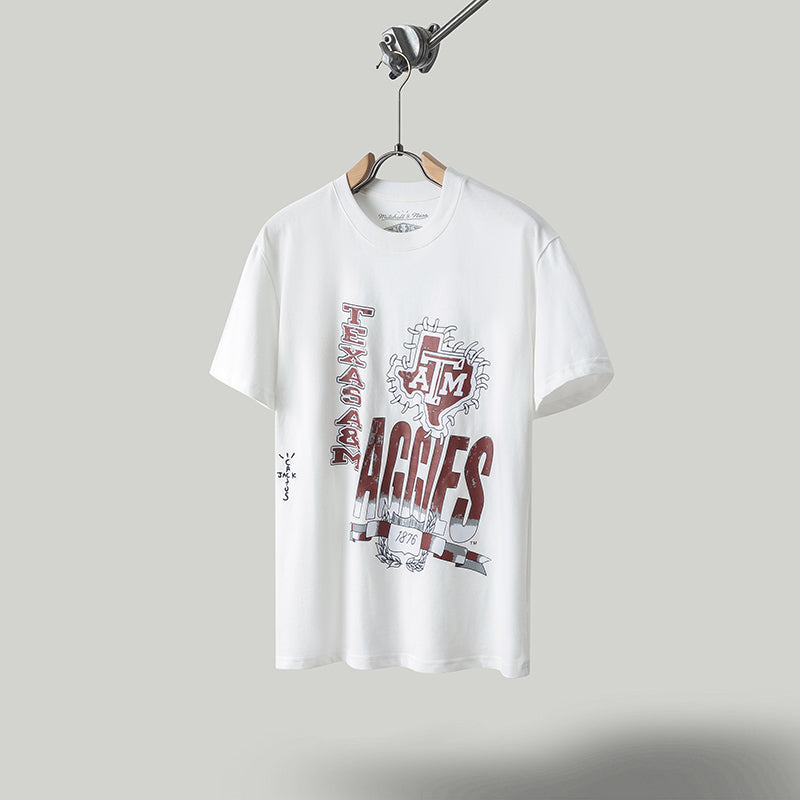 Travis Scott T Shirts x Mitchell x Ness Texas AM Aggies Hand-Drawn Short Sleeve
