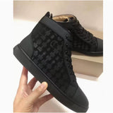 Louboutin-style red bottom shoes european station rivets cl red bottom shoes black velvet nails suede high-top hot diamond shoes fashiontrendyeasiest for match sneakers pure original