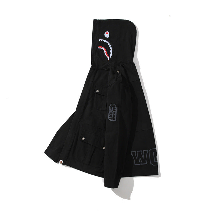 Shark Print Hoodie Spring Autumn Men'S Solid Color Shark Head Coat Jacket