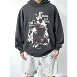 Men Vintage Hoodies Vintage Wash Flame Print