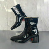 Louboutin-style red bottom shoes cl short boots fall and winter square toe patent leather square heel ankle boots side zipper accessible luxury business bag suit