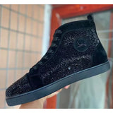 Louboutin-style red bottom shoes european station rivets cl red bottom shoes black velvet nails suede high-top hot diamond shoes fashiontrendyeasiest for match sneakers pure original