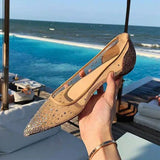 Louboutin-style red bottom shoes cl mesh rhinestone red bottom flats women's summer pointed toe flats hidden heeleasiest for match fairy style shallow mouth flats