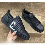 Louboutin-style red bottom shoes european station cl electric embroidered red bottom men's shoes black embroiderlow ankle studded men's shoes flatscasual shoes crescent shoes
