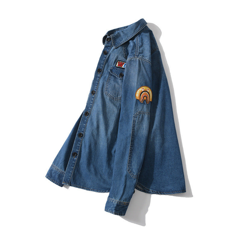 Shark Print Jacket Men And Women Casual Plus Size Coat High Quality Denim Shirt
