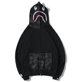 Shark Print Hoodie Autumn And Winter Stitching Pocket Zipper Fleece Padded Coat Men And Women Couple