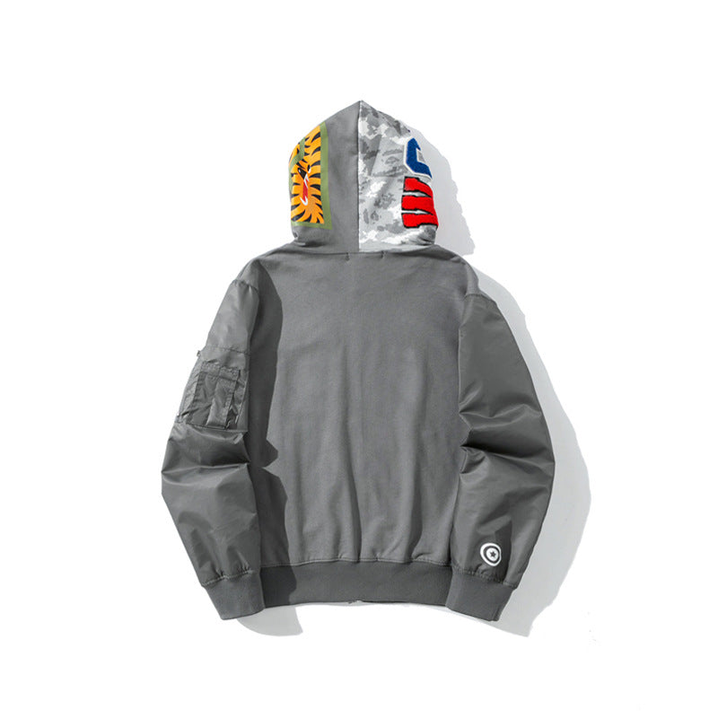 Shark Print Hoodie Digital Pixels Camouflage Color Matching Cap Jacket Sleeve Sweater Hooded Zipper Cardigan Outerwear