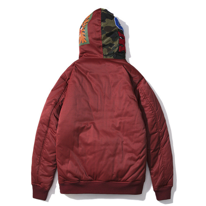 Shark Print Hoodie Men'S And Women'S Winter Embroidery Camouflage Stitching Hat Cotton-Padded Coat