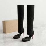 Louboutin-style red bottom shoes cl red bottom shoes knitting socks high heels women's satin square toe bows wear sleeve banquet high heels