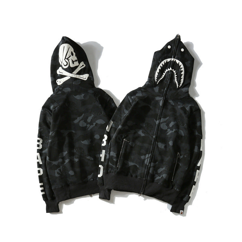 Shark Print Hoodie Fashion Brand Shark Skull Dark Sweater Street Fashion Large Size Coat